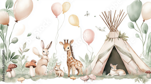 Fototapeta Naklejka Na Ścianę i Meble -  Baby giraffe and rabbits celebrating birthday in the forest