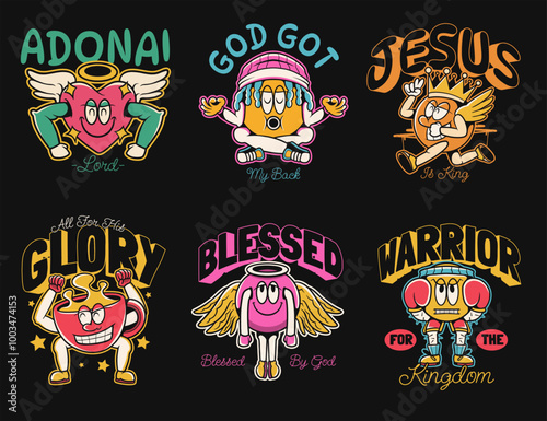 Christian cartoon vector set. Christian graffiti t-shirt design bundle, Christianity inspirational quotes. Jesus vector set, graffiti t shirt design. Cartoon character set.