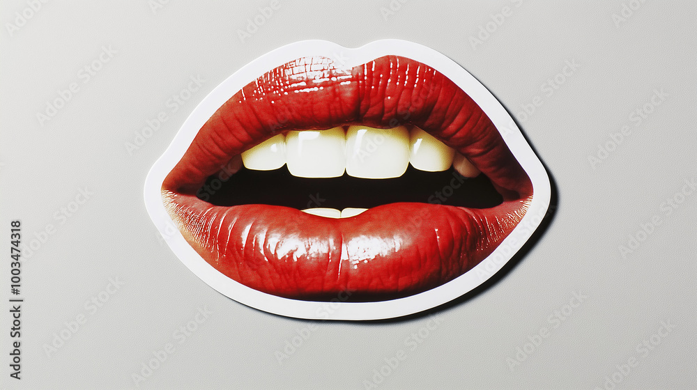 Red lips showing white teeth are smiling on gray background Red lips showing white teeth are smiling on gray background
