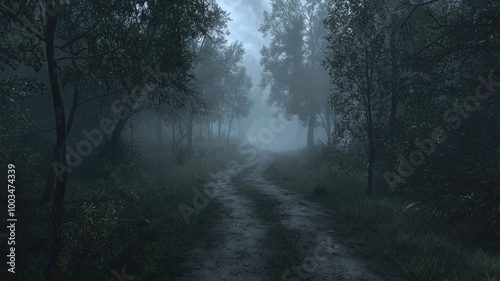 A Foggy Forest Path Winding Through Tall Trees