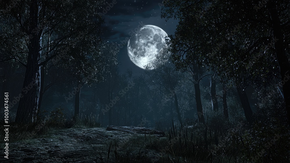 A Full Moon Illuminates a Silhouetted Forest at Night A Full Moon Illuminates a Silhouetted Forest at Night