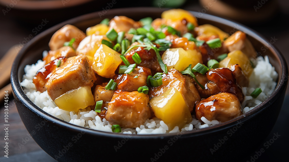 Sweet and sour chicken with rice and pineapple garnishing in black bowl Sweet and sour chicken with rice and pineapple garnishing in black bowl