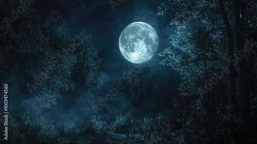 A Full Moon Shining Through a Dark, Starry Forest