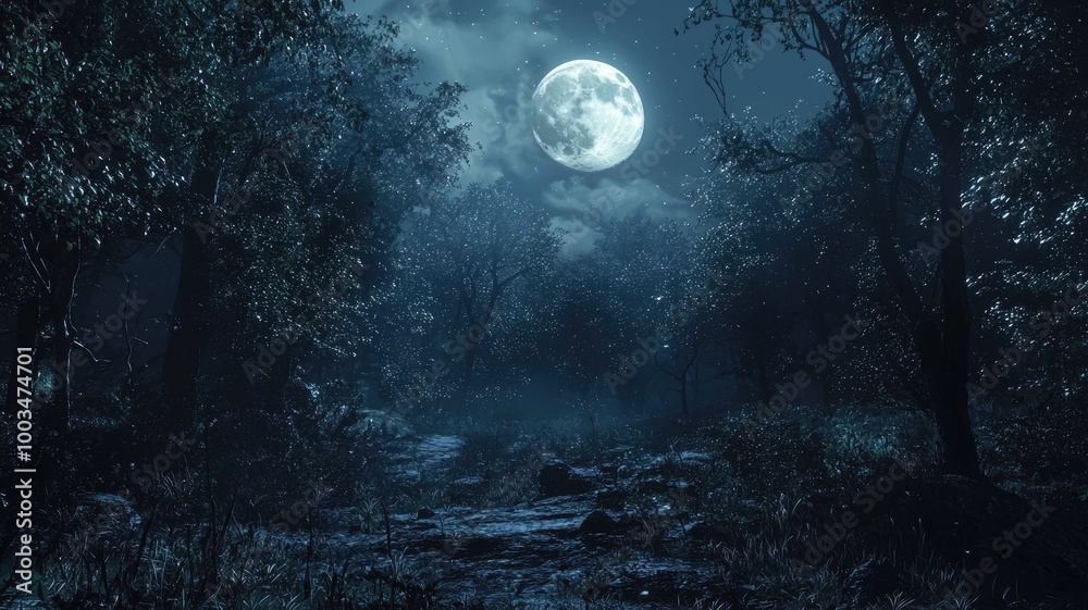 A Full Moon Illuminates a Dense Forest at Night A Full Moon Illuminates a Dense Forest at Night