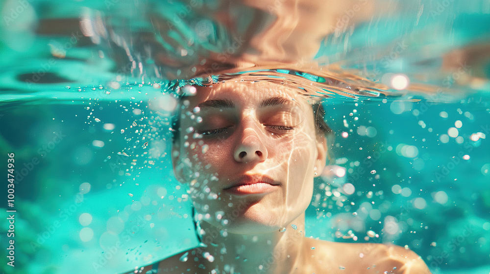 A person underwater with eyes closed, holding their breath as bubbles rise around them in crystal-clear water. The blurred background emphasizes the serene moment and the subject’s tranquility. A person underwater with eyes closed, holding their breath as bubbles rise around them in crystal-clear water. The blurred background emphasizes the serene moment and the subject’s tranquility.