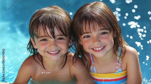 Two little girls smiling and having fun in a swimming pool