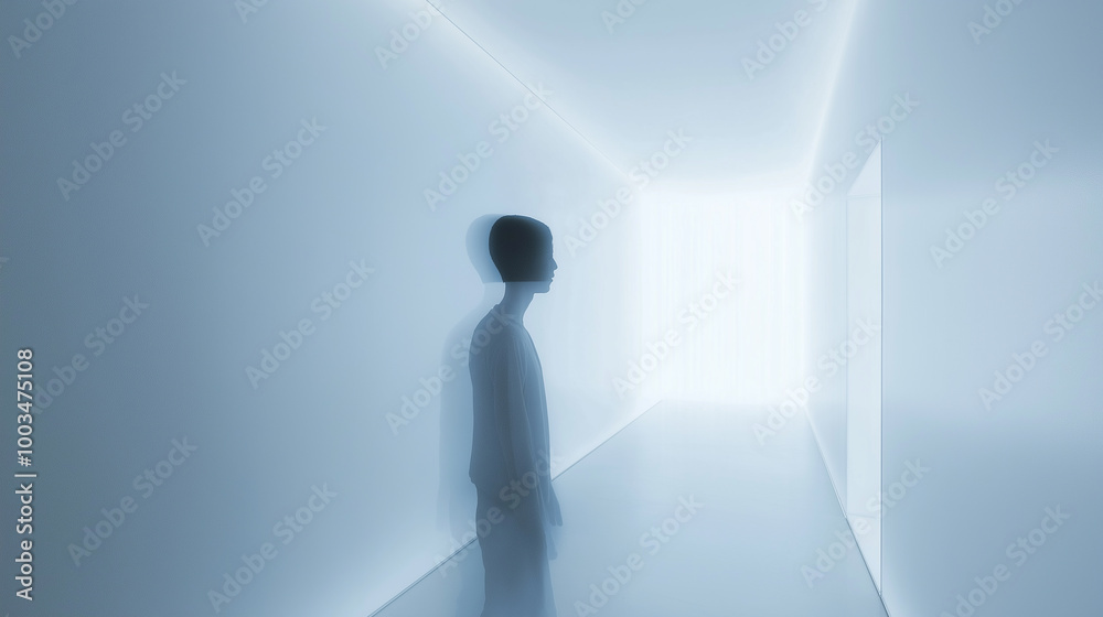 Obraz premium Young man standing in futuristic white corridor looking at bright light at the end