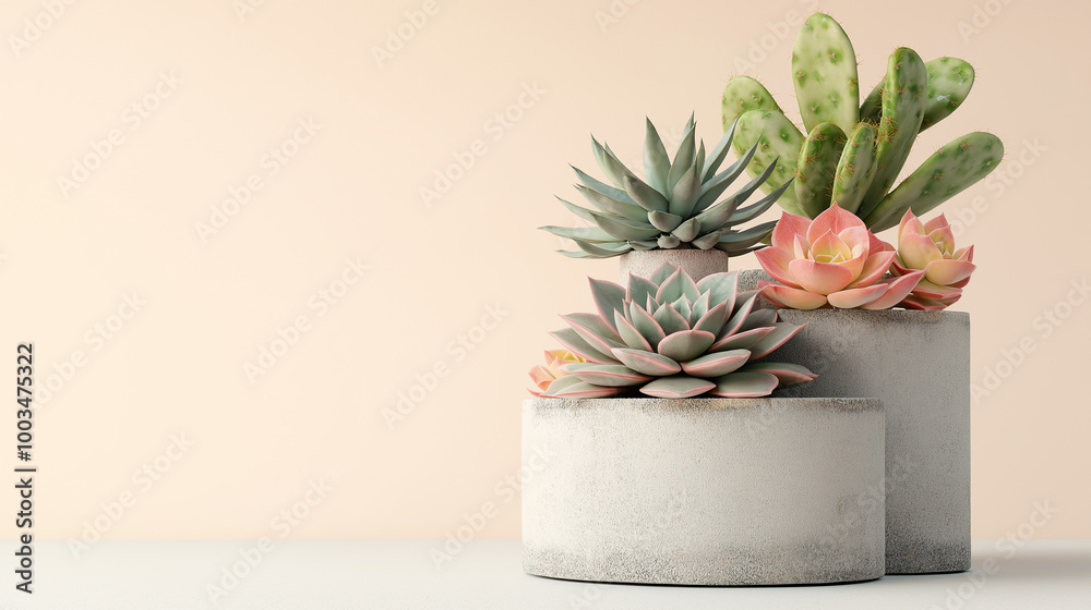 Succulents growing in concrete pots on empty wall background Succulents growing in concrete pots on empty wall background