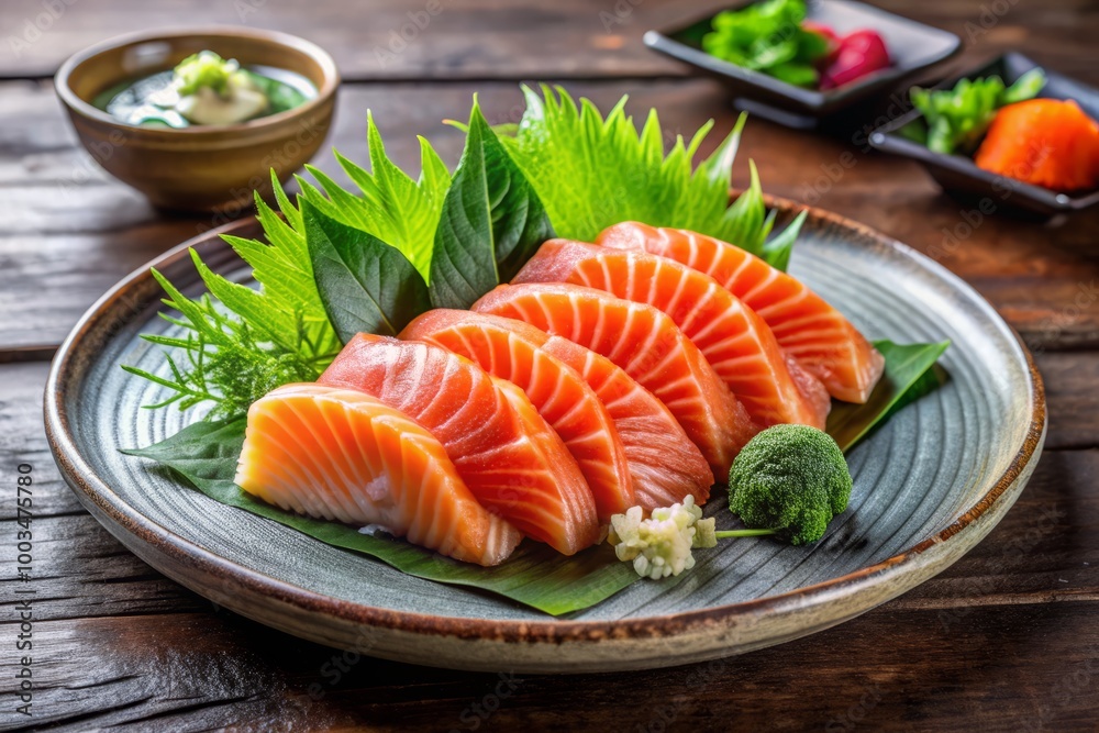 Savor the freshness of our salmon sashimi platter, elegantly arranged on a traditional Japanese plate, accompanied by Savor the freshness of our salmon sashimi platter, elegantly arranged on a traditional Japanese plate, accompanied by