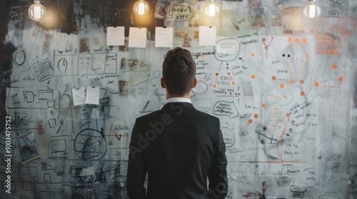 Businessman Analyzing Creative Concepts on Wall