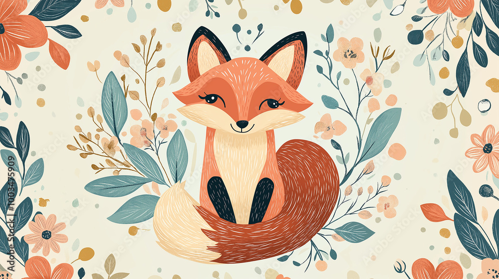 Cute fox sitting surrounded by flowers illustration