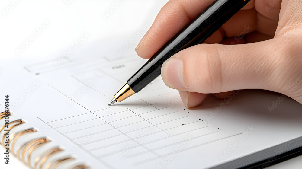 Focus on a hand actively writing in a 2025 planner Focus on a hand actively writing in a 2025 planner