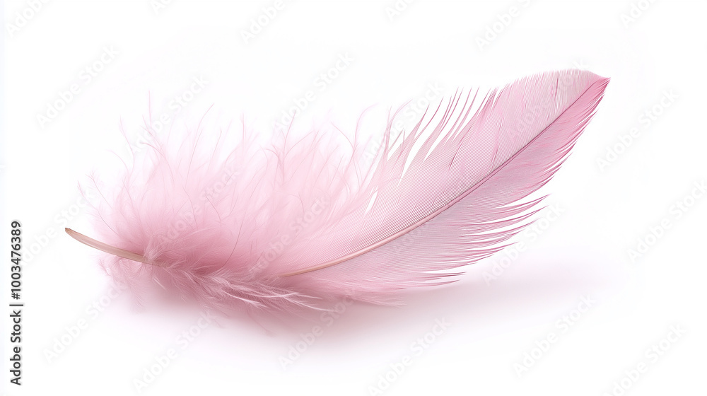 Single pink feather lying on a white background Single pink feather lying on a white background