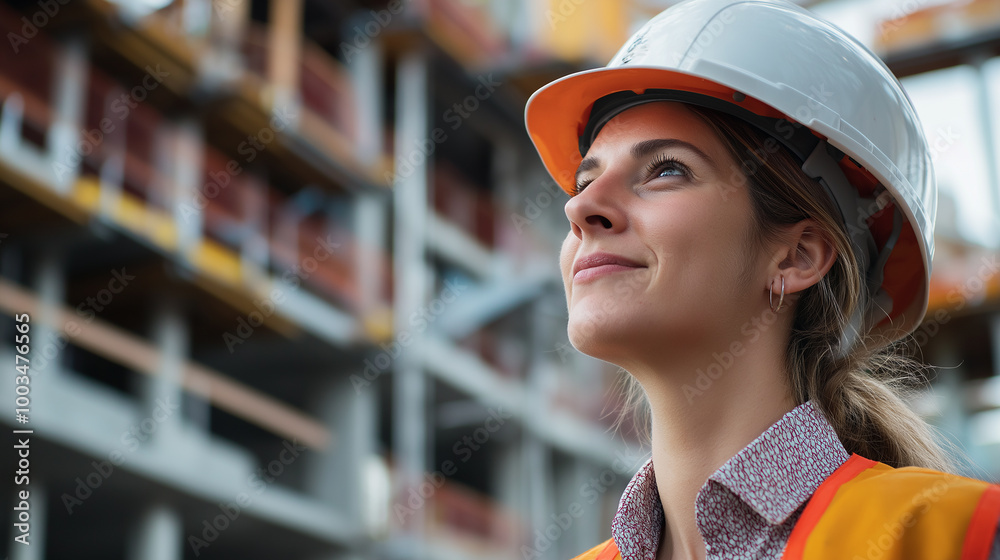 Female engineer wearing hard hat smiling at construction site Female engineer wearing hard hat smiling at construction site
