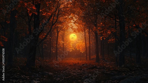 A Sunlit Path Through a Dense Autumn Forest