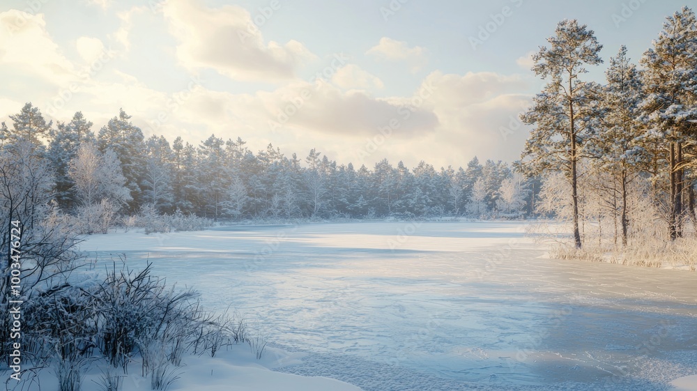 Frozen Lake Surrounded by Snow-Covered Trees and a Blue Sky Frozen Lake Surrounded by Snow-Covered Trees and a Blue Sky