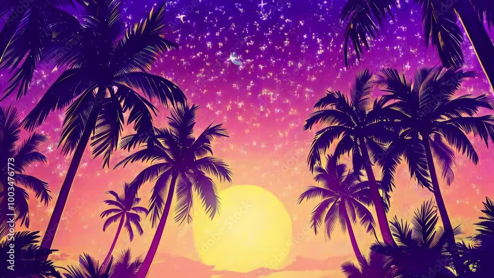 Animation background with palm trees, sun and glowing stars Animation background with palm trees, sun and glowing stars