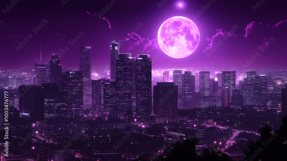Obraz premium Los angeles skyline glowing under a big violet moon at night