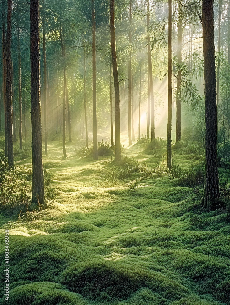 Fototapeta premium Sunlight streams through a dense forest, illuminating the mossy ground.