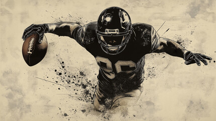 American football player running with the ball on grunge background