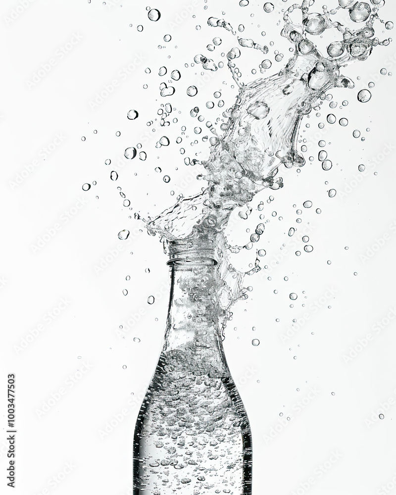 Dynamic water spill; transparent liquid, scattered droplets, fluid motion in diffused light.