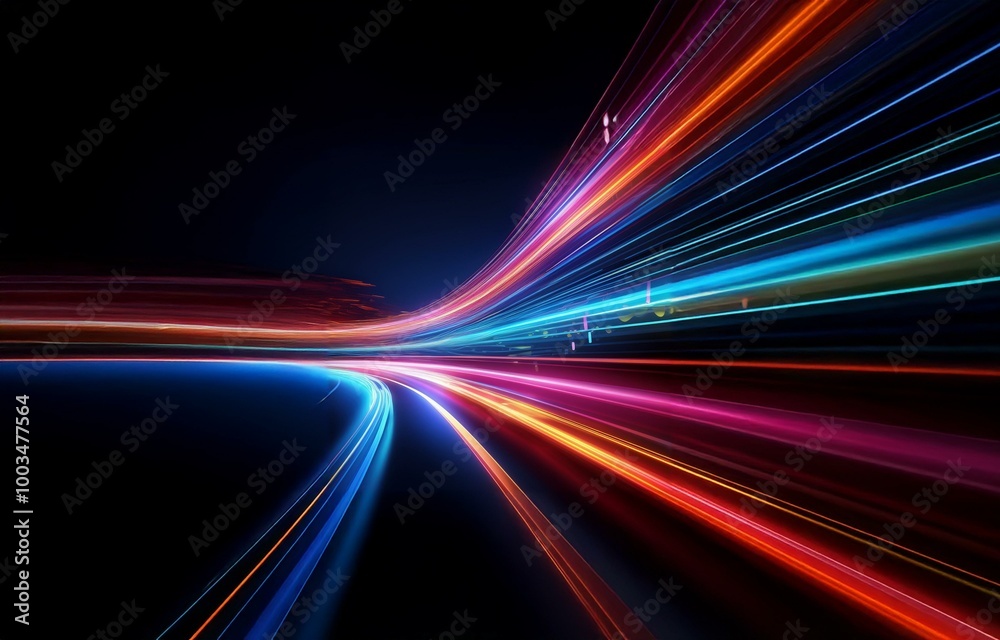 Abstract background of blurred, colorful, glowing lines on a black backdrop.