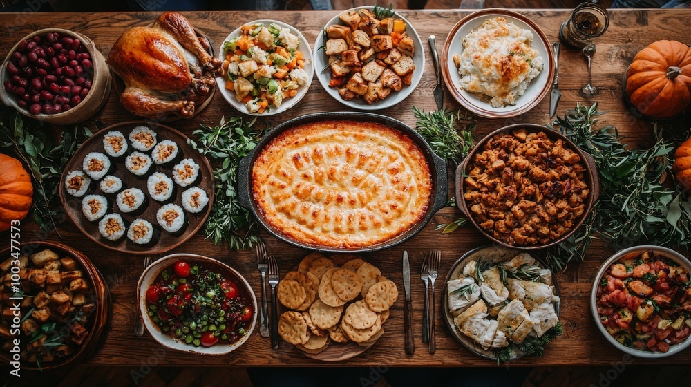 A festive table filled with various dishes for a celebratory meal. A festive table filled with various dishes for a celebratory meal.