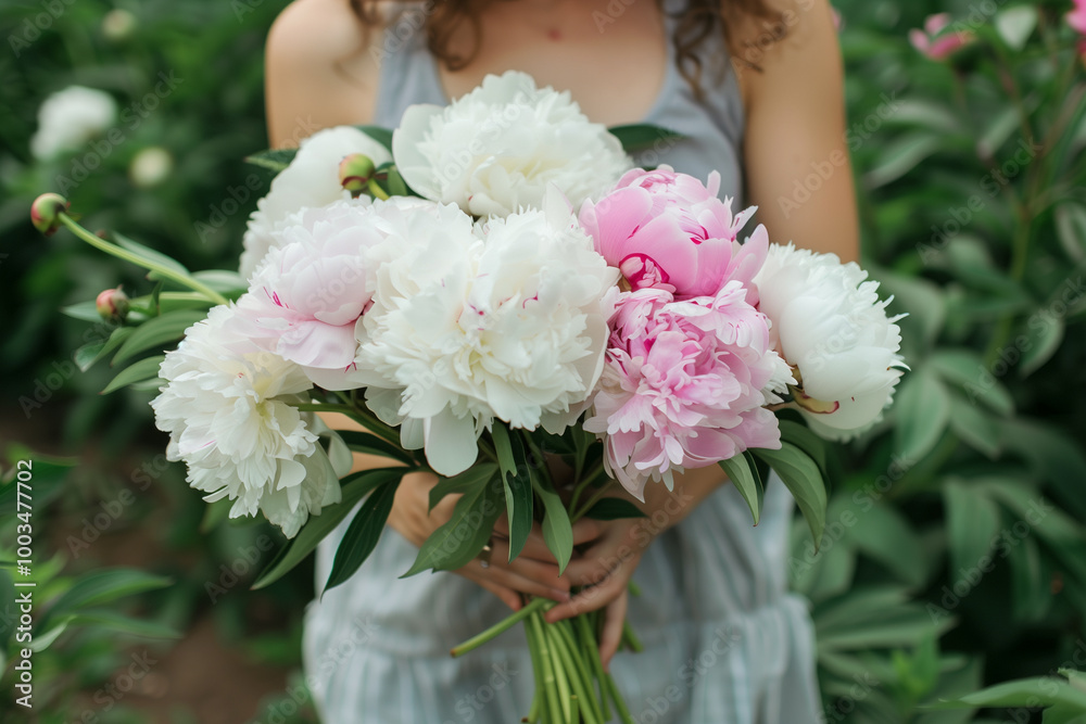 A girl in a beautiful garden creating a bouquet of pink and white peonies A girl in a beautiful garden creating a bouquet of pink and white peonies