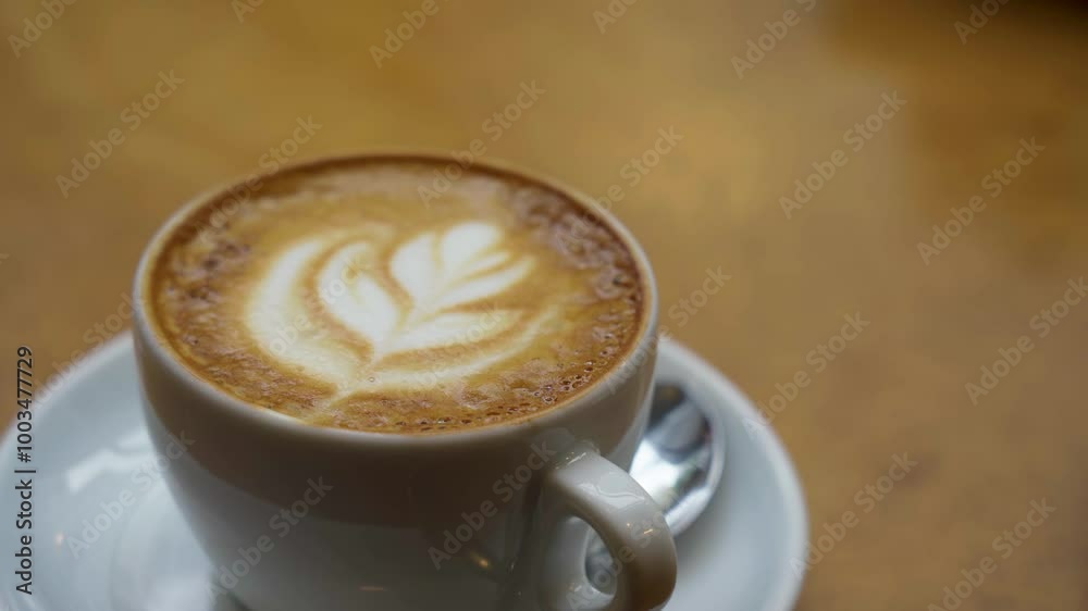 Close-up of a cappuccino coffee on a table in a cafe Close-up of a cappuccino coffee on a table in a cafe