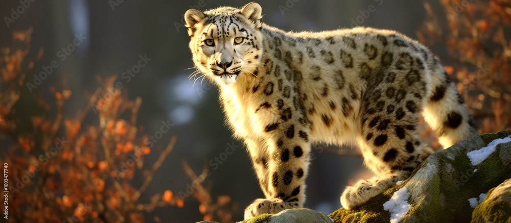 Obraz premium Snow Leopard Standing on a Rocky Outcrop