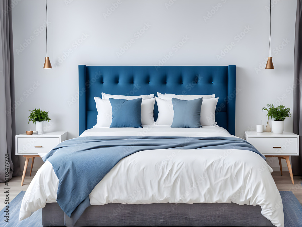 Interior of modern bedroom with comfortable white bed with a blue headboard and soft pillows in modern apartment Interior of modern bedroom with comfortable white bed with a blue headboard and soft pillows in modern apartment