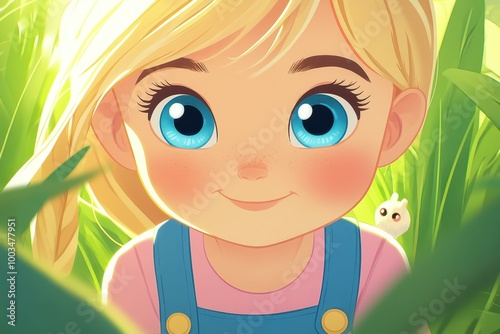 A cute fairhaired newborn girl explores a lush forest, discovering sad rabbits in tall grass. Adventure awaits photo