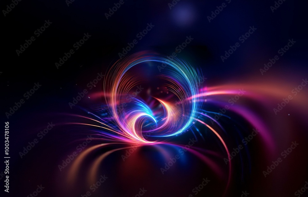 Obraz premium Abstract glowing circular light lines in blue, pink, and orange on a dark background.