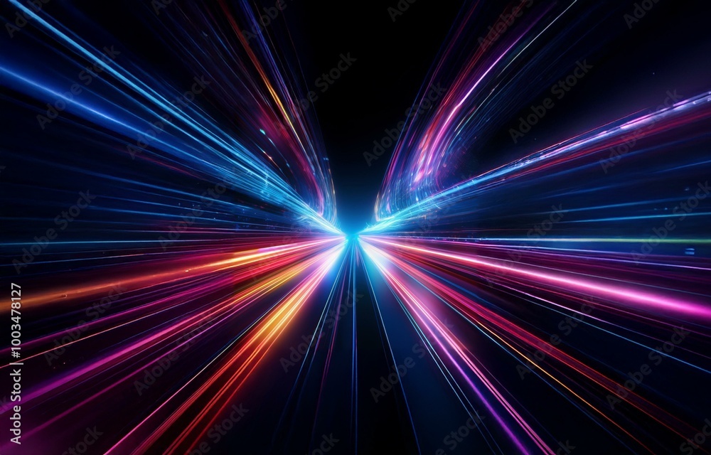Abstract glowing lines of blue, pink, and orange converge in the center of a black background. Abstract glowing lines of blue, pink, and orange converge in the center of a black background.