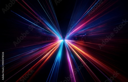Abstract image of glowing lines in shades of blue, red, and purple on a black background.