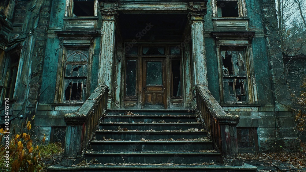 An Eerie, Abandoned Building with a Broken Doorway and Weathered Stairs An Eerie, Abandoned Building with a Broken Doorway and Weathered Stairs