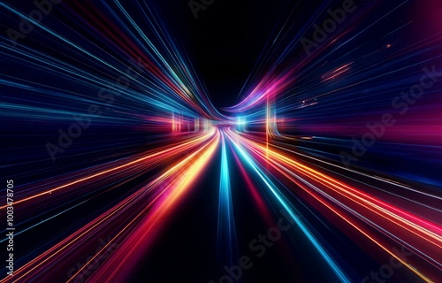 Abstract speed lines of blue, red, and yellow light move toward a bright center on a black background.