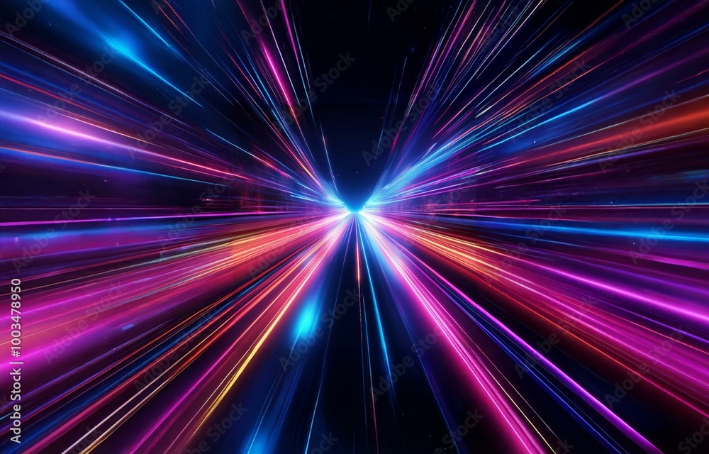 Bright neon lines converge in the center of the image, creating a tunnel-like effect. Bright neon lines converge in the center of the image, creating a tunnel-like effect.