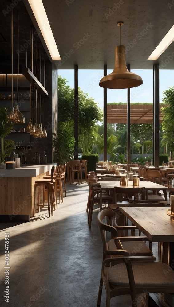 Fototapeta premium Bright Modern Restaurant with Natural Light and Wooden Furnishings