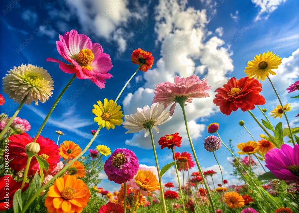 Vibrant blooms soar against a brilliant blue sky, crafting a serene and dreamy natural backdrop that captures the Vibrant blooms soar against a brilliant blue sky, crafting a serene and dreamy natural backdrop that captures the