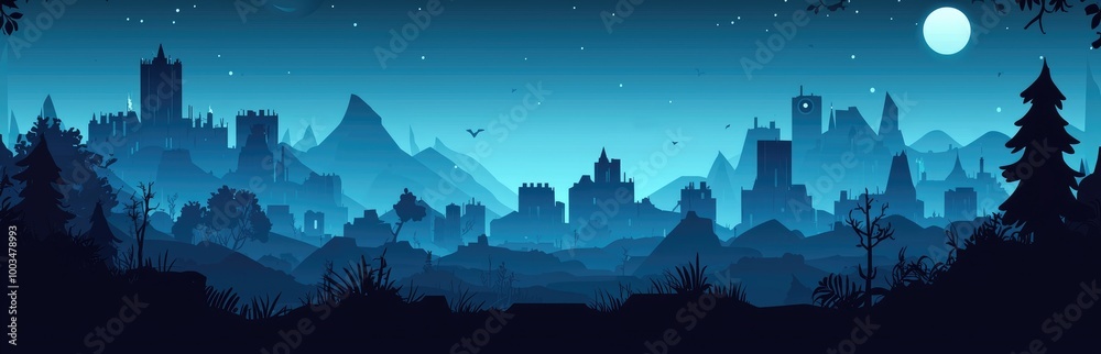 Fototapeta premium Silhouette of a City Skyline at Night with a Full Moon and Stars