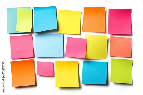 bunch of colorful sticky notes are scattered across a white background