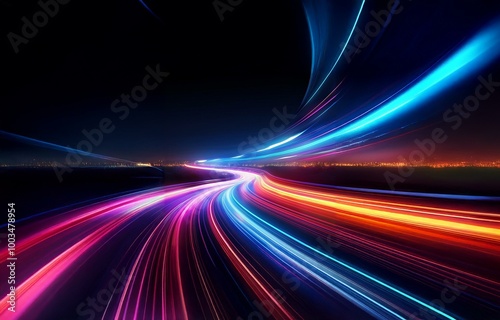 Abstract light trails on a dark background resembling a road leading to a distant city. photo