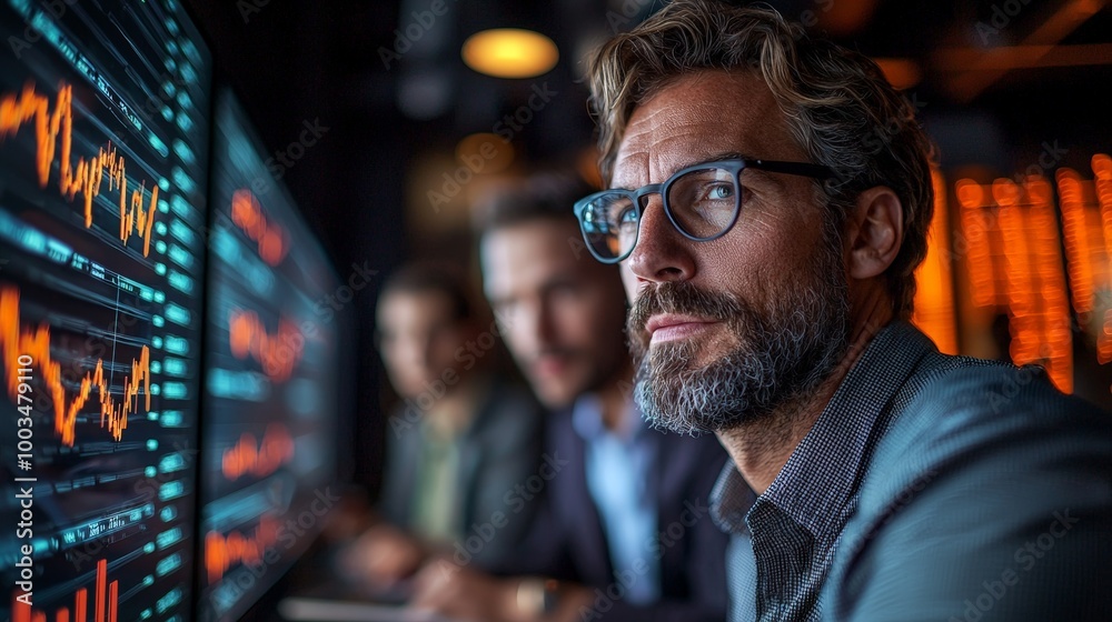 A focused individual analyzes data on screens in a modern business environment. A focused individual analyzes data on screens in a modern business environment.