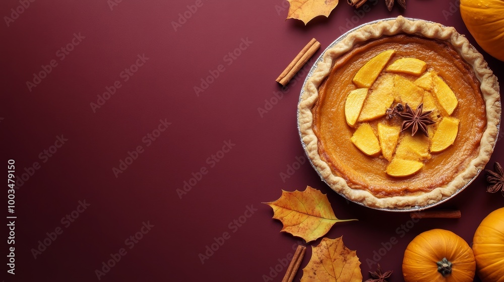 Cozy Autumn Vibes - Flat Lay of Pumpkin Pie, Squash, and Cinnamon Sticks on Maroon Background with Soft Natural Lighting. Copy Space Below. Cozy Autumn Vibes - Flat Lay of Pumpkin Pie, Squash, and Cinnamon Sticks on Maroon Background with Soft Natural Lighting. Copy Space Below.