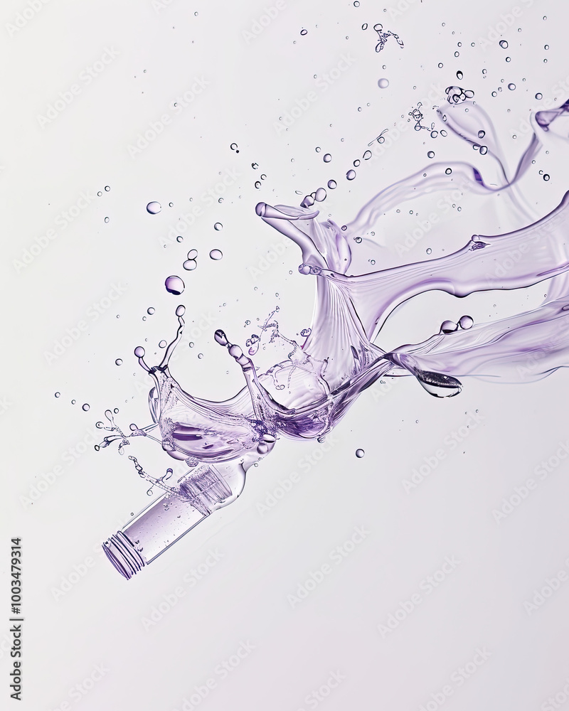 Lavender oil in motion; glossy texture, light purple tint, droplets glowing on bright white.