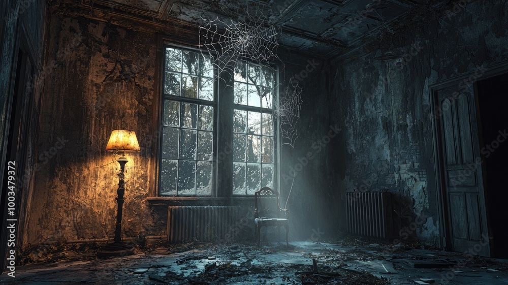 A Dusty, Abandoned Room with a Single Chair and a Lamp A Dusty, Abandoned Room with a Single Chair and a Lamp