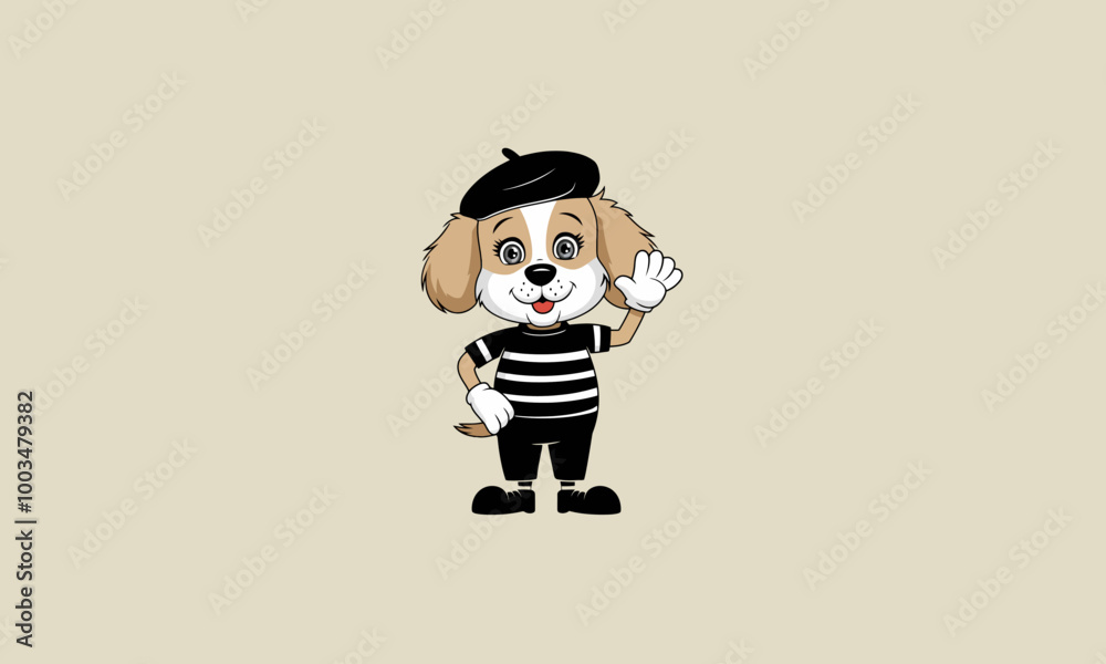 Friendly dog in a mime outfit waving hello Friendly dog in a mime outfit waving hello