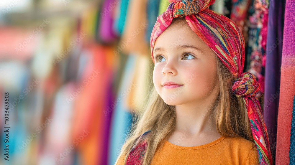 Fototapeta premium A young girl marvels at vibrant textiles, her colorful outfit reflecting her passion for unique fashion styles.