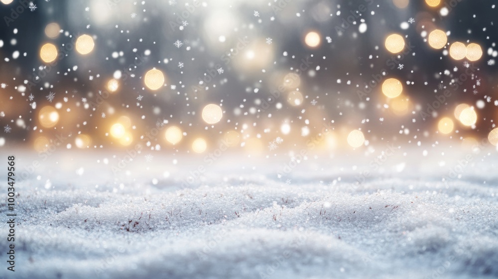Snowfall with golden bokeh lights, winter scene Snowfall with golden bokeh lights, winter scene